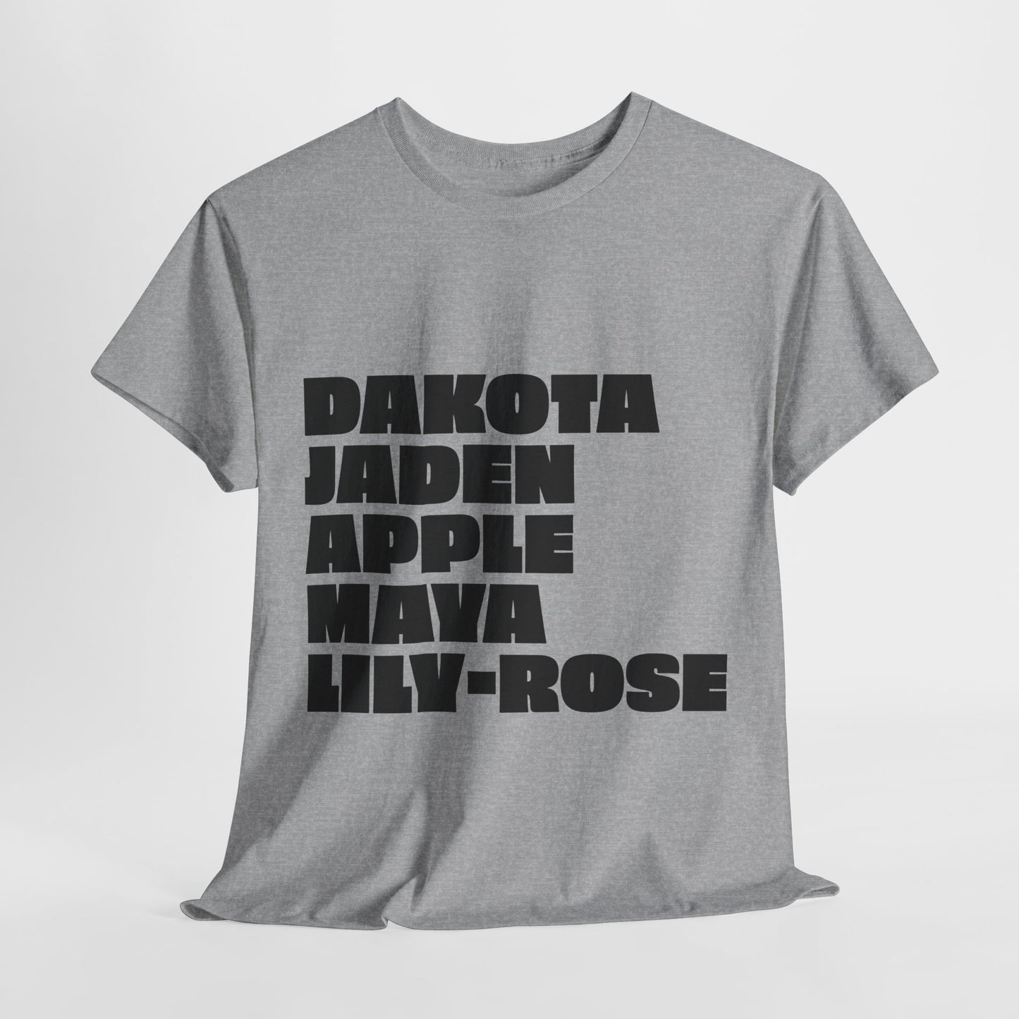 Gray Nepo Babies List unisex t-shirt with bold black text, minimalist graphic front view