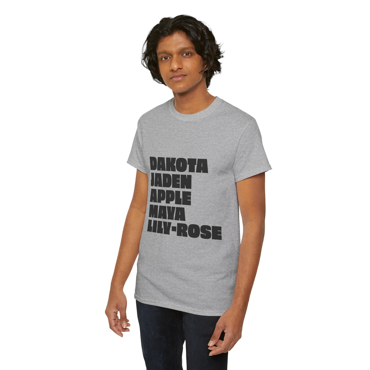 Model wearing gray Nepo Babies List t-shirt with bold black text, unisex streetwear fit