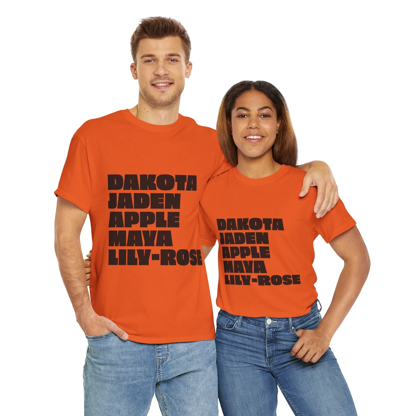 Two people wearing orange Nepo Babies List t-shirts with bold black text, unisex streetwear lifestyle