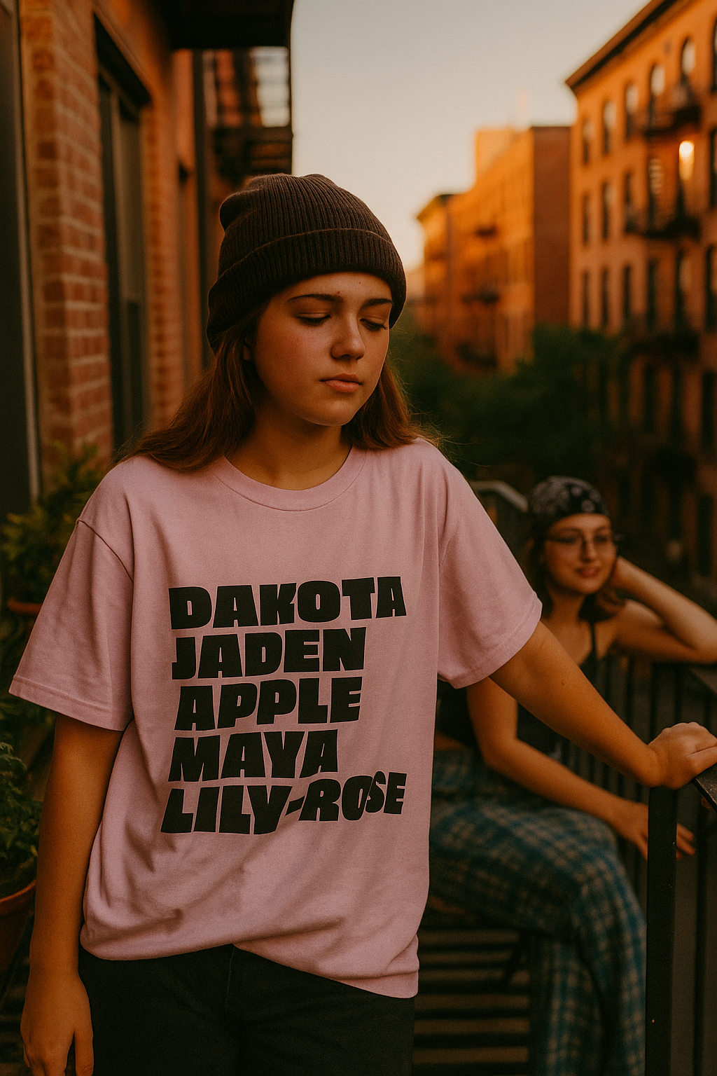 Woman wearing pink Nepo Babies List t-shirt with bold black text, NYC streetwear lifestyle scene
