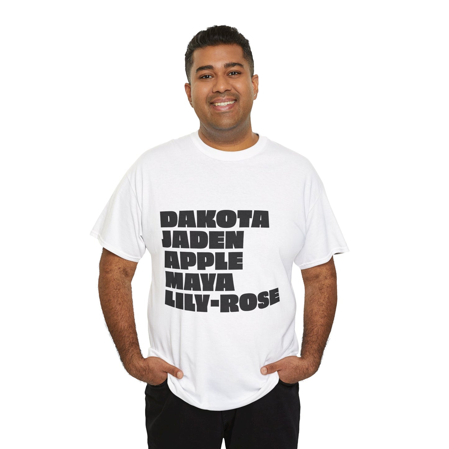 Male model wearing white Nepo Babies List t-shirt with bold black text, casual unisex streetwear