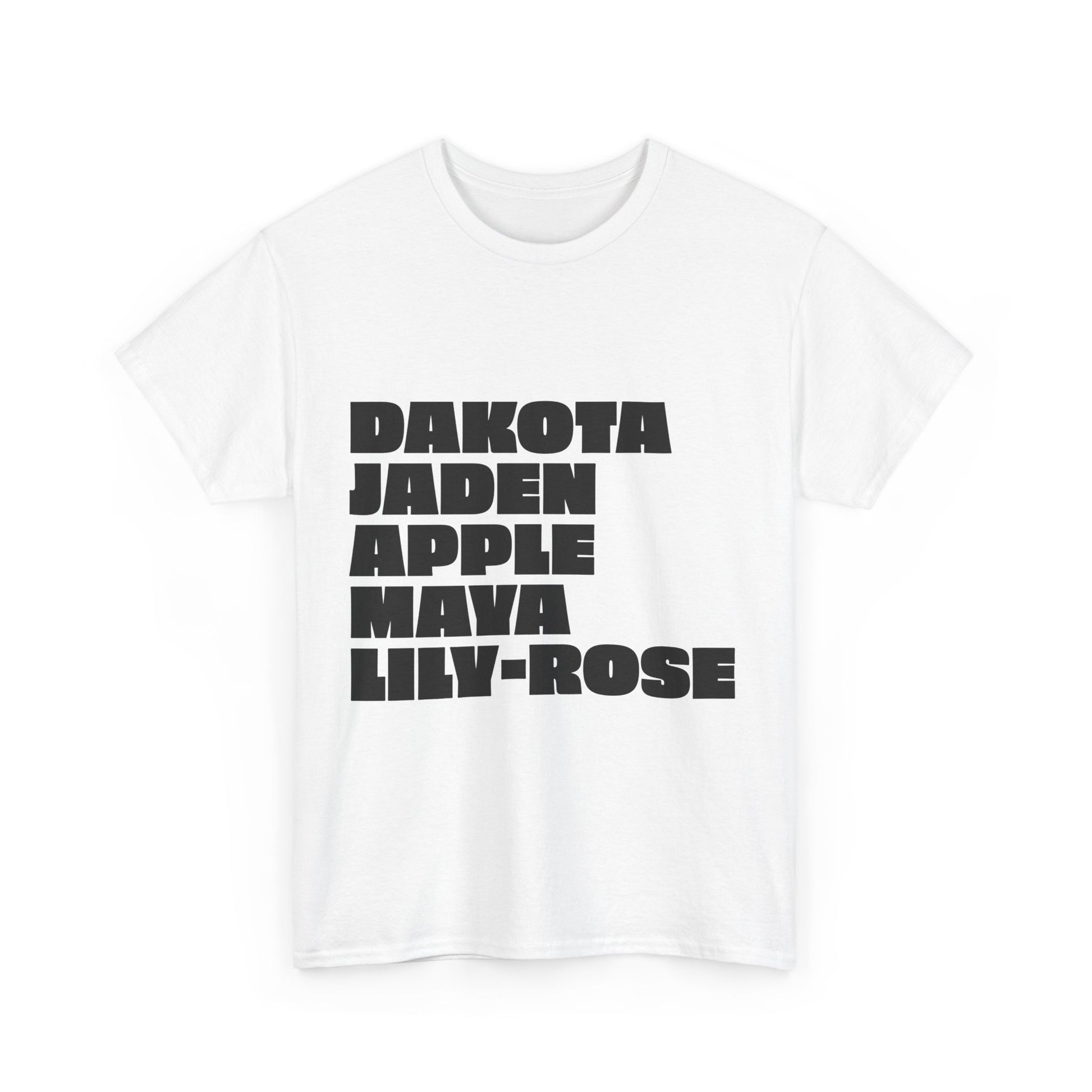 White Nepo Babies List unisex t-shirt with bold black text, minimalist front view statement tee