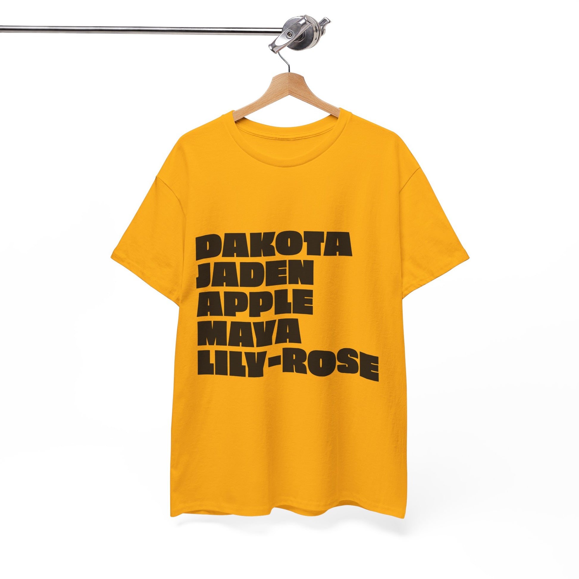Yellow Nepo Babies List t-shirt hanging on hanger with bold black text, minimal graphic tee design