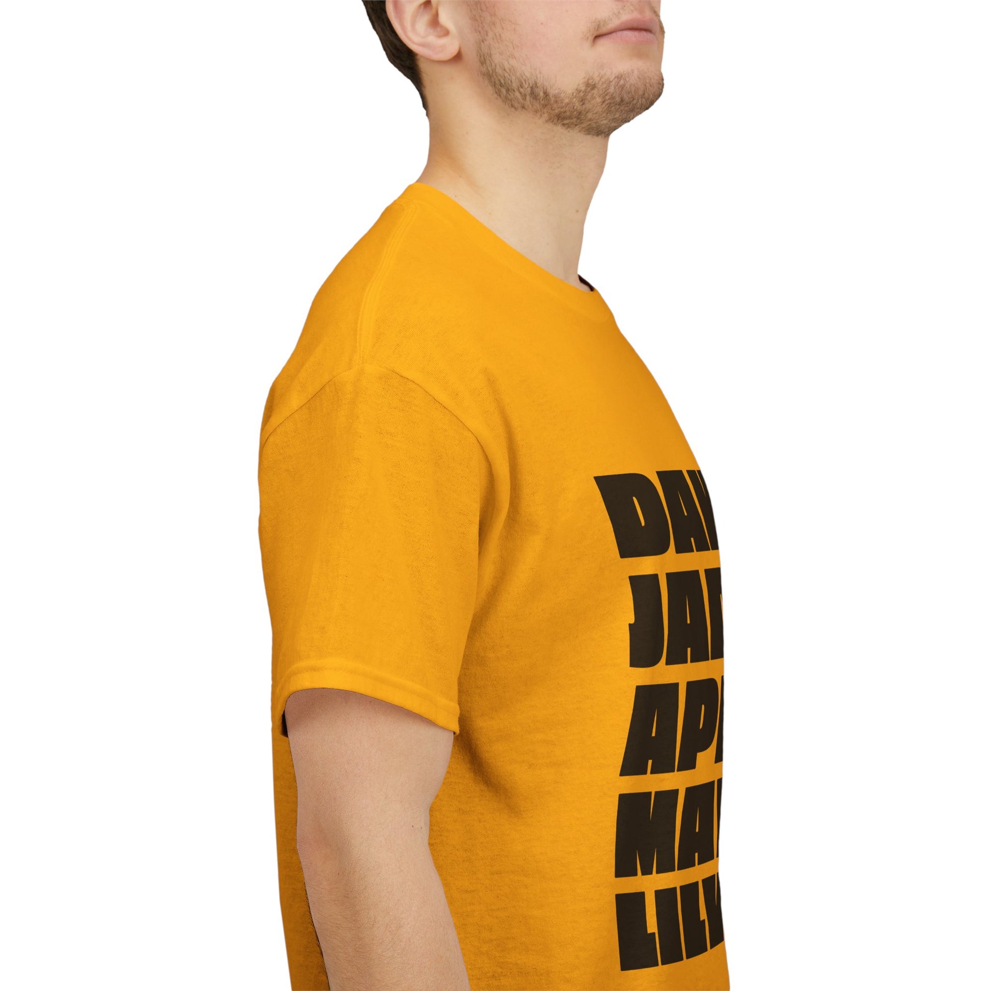 Side view of yellow Nepo Babies List unisex t-shirt with bold black text, casual streetwear fit