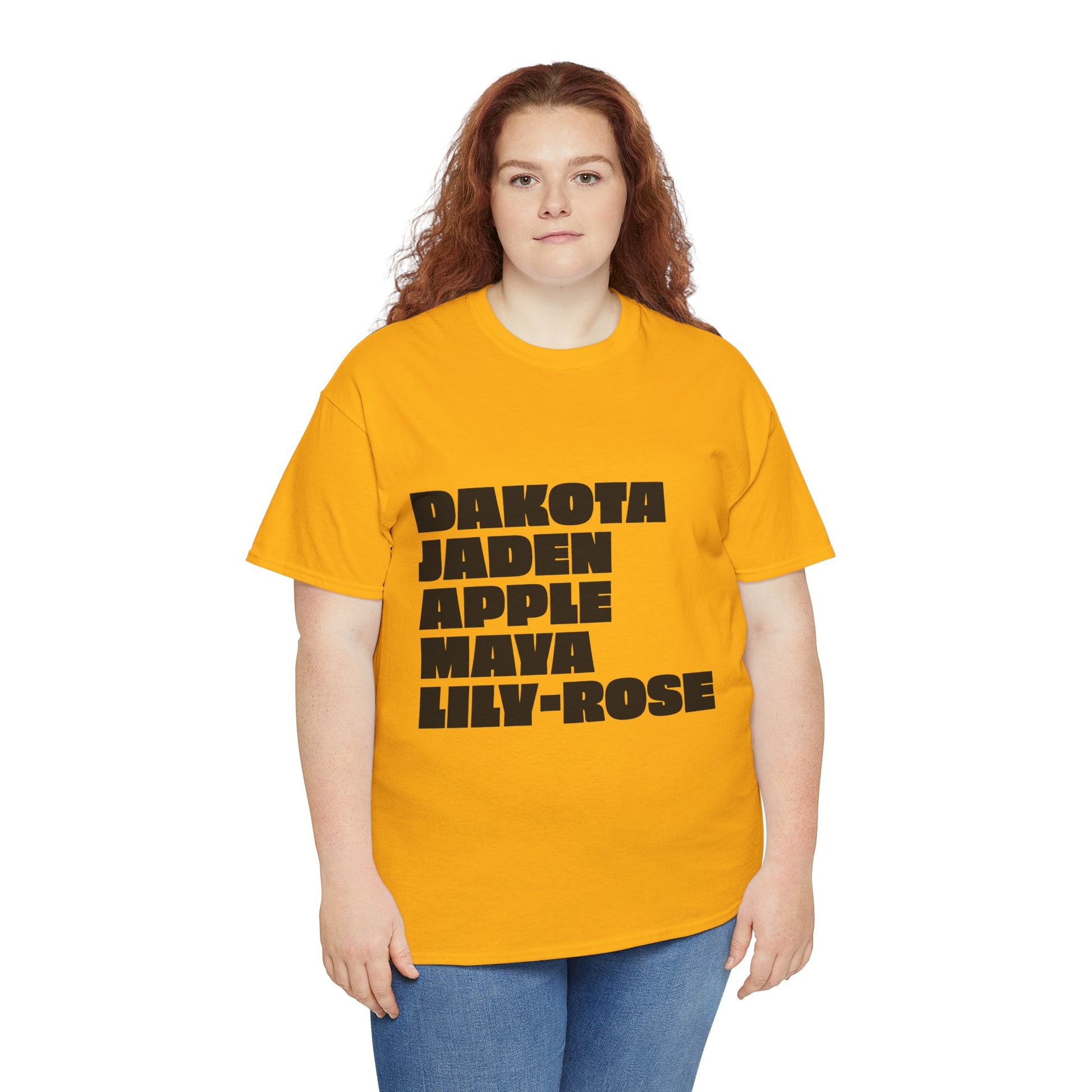 Yellow Nepo Babies List unisex t-shirt with bold black text, front view statement graphic tee on white background