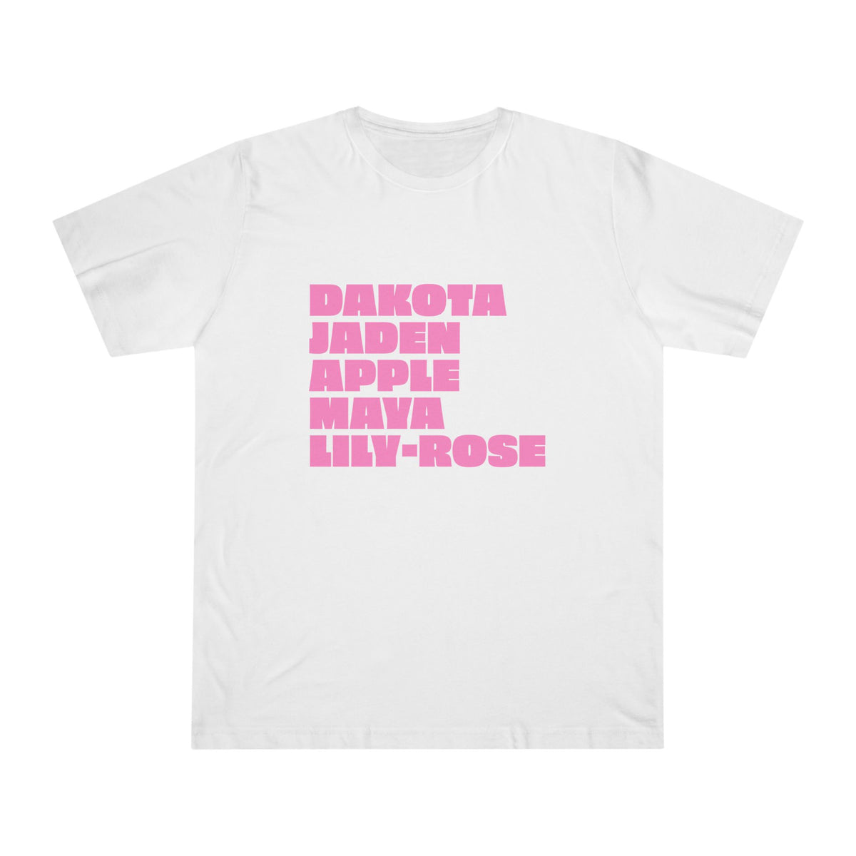 White unisex Nepo Babies List graphic T-shirt with pink lettering