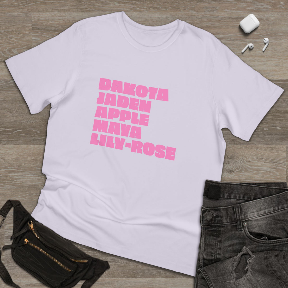White Nepo Babies List T-shirt flat lay with pink social commentary print