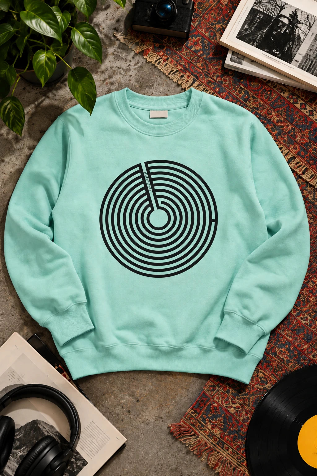 Mint green Nepo sweatshirt with black anti-nepotism labyrinth graphic in editorial flat lay.