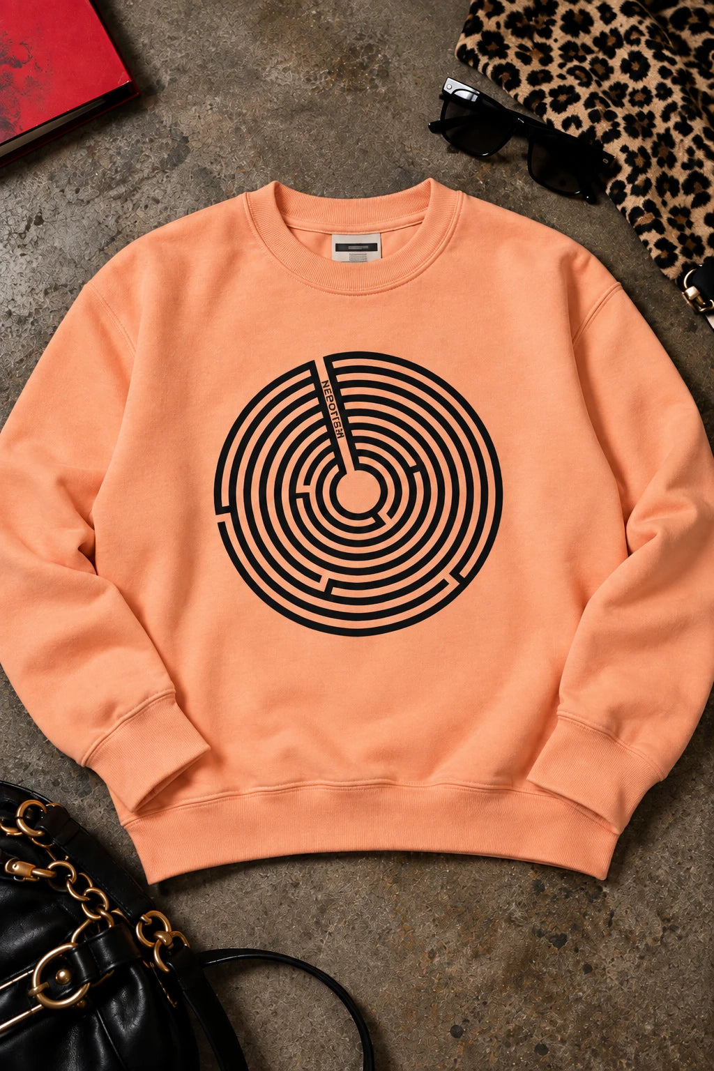 Peach Nepo sweatshirt with bold black maze graphic and anti-nepotism message.