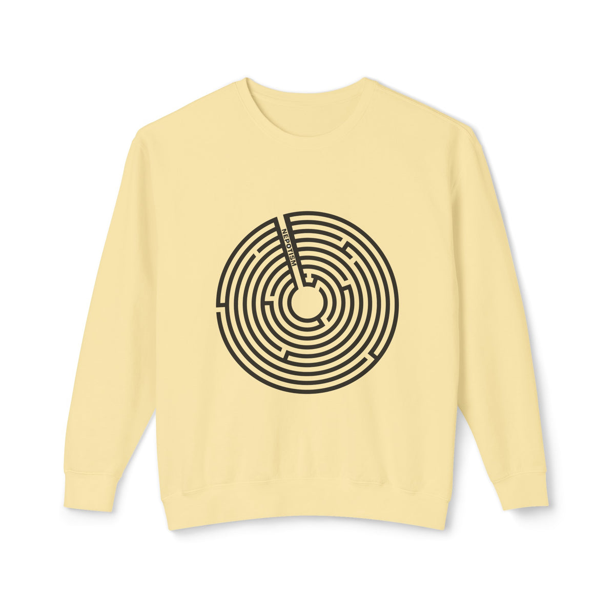 Front view of yellow Nepo sweatshirt with black anti-nepotism labyrinth graphic.