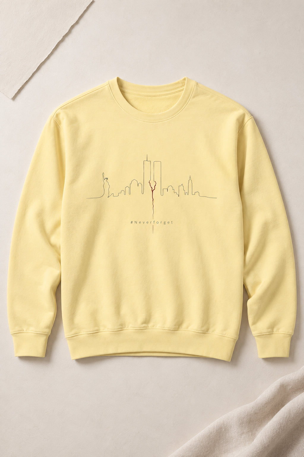 Pale yellow Never Forget 9/11 unisex crewneck sweatshirt flat lay