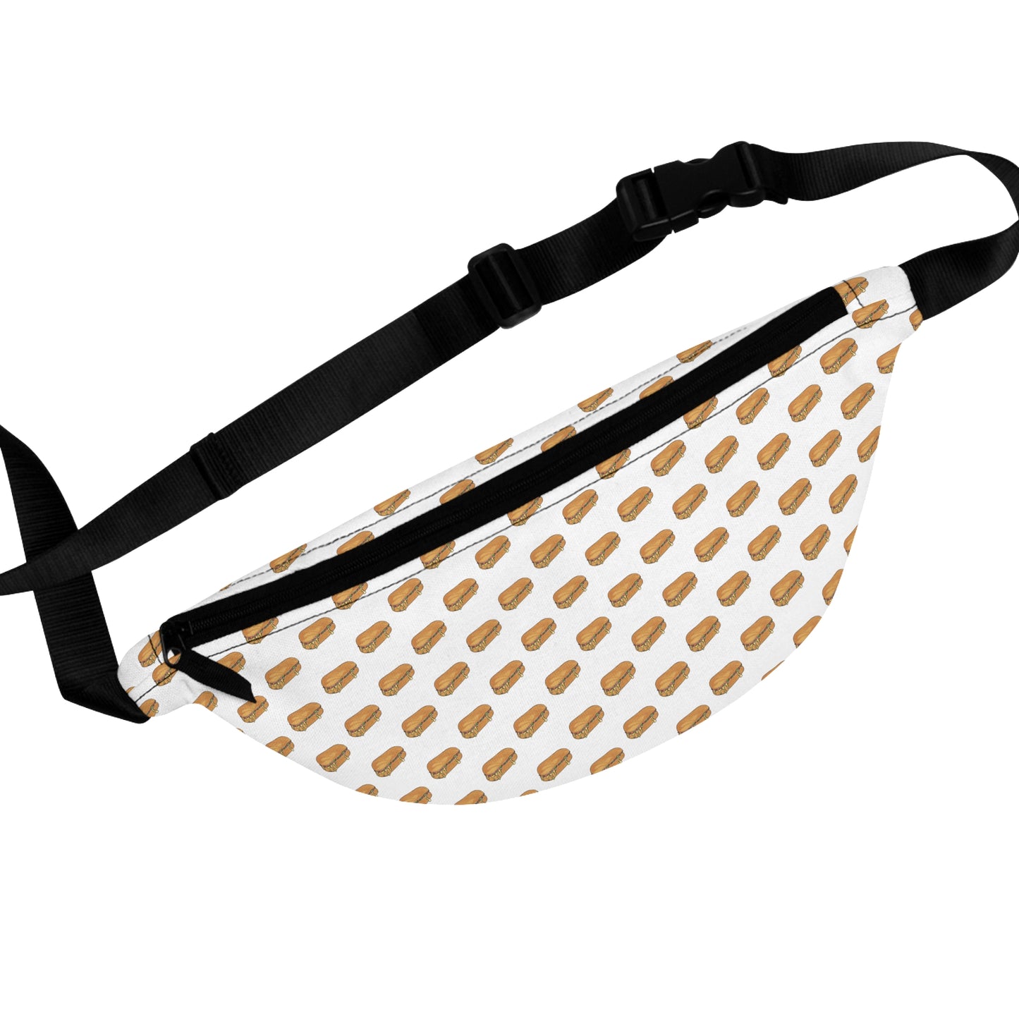 Front view of chopped-cheese inspired New York crossbody fanny-pack