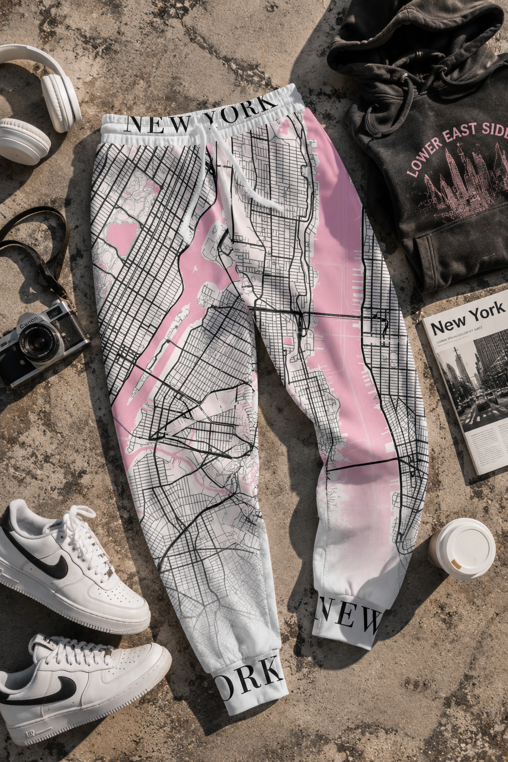 Flat lay of New York City map joggers with urban streetwear accessories