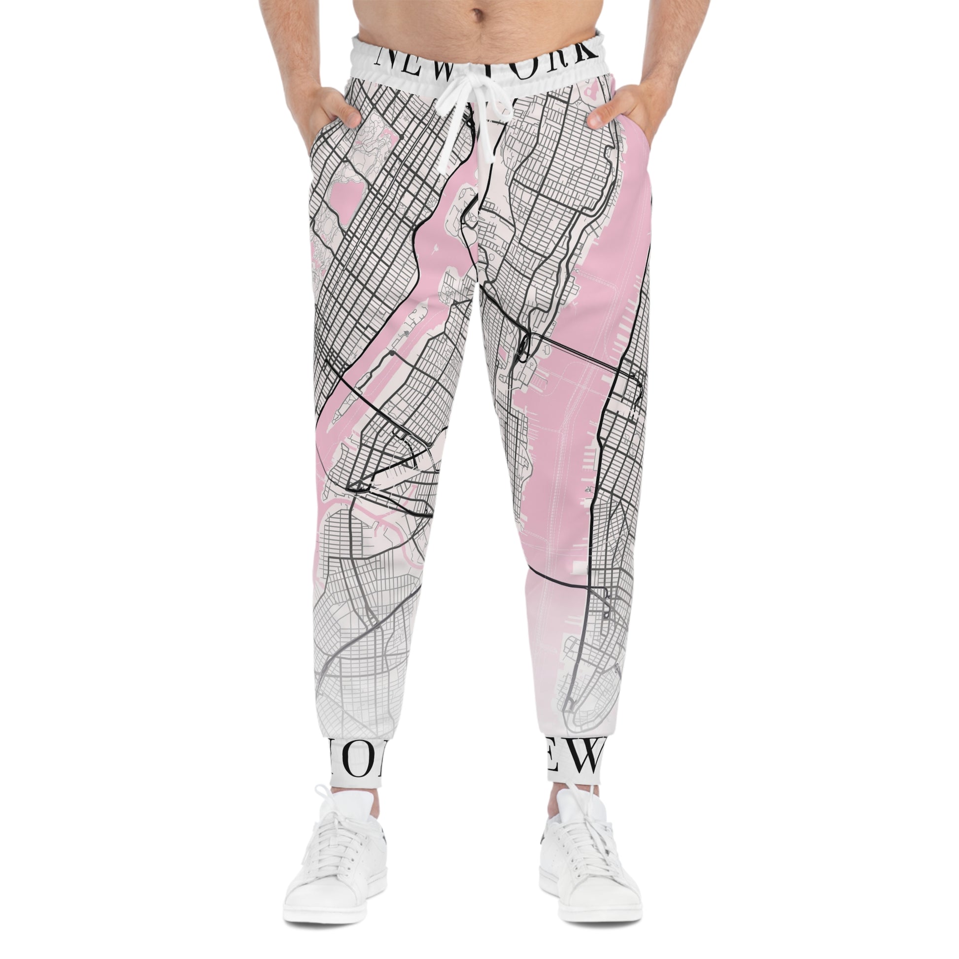 Model wearing lightweight New York City map joggers