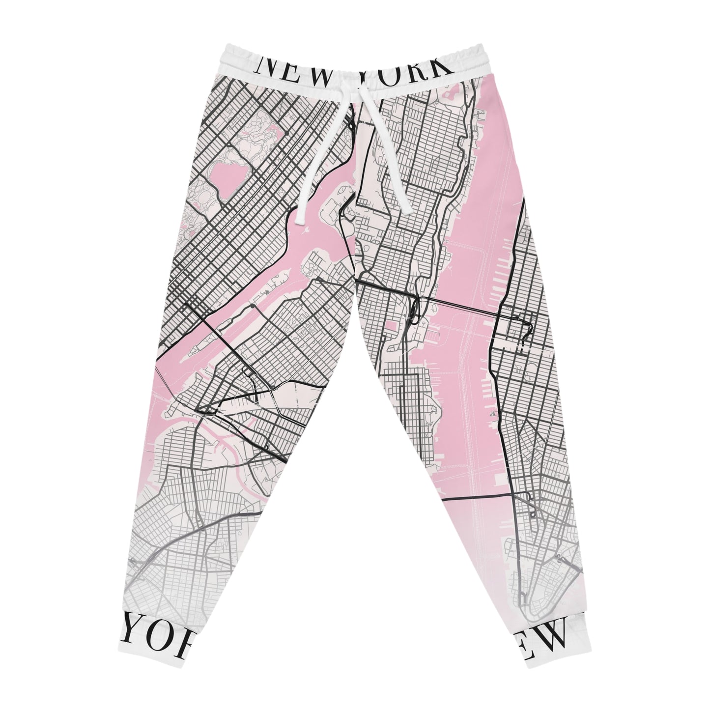 Front view of New York City map print joggers