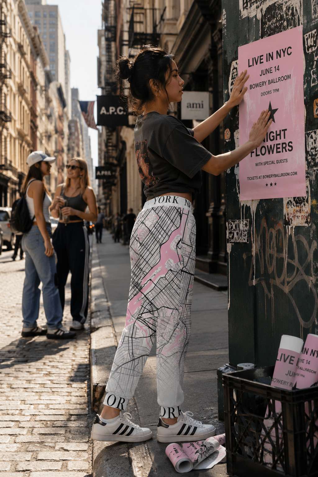Gen Z woman wearing New York City map joggers on a Soho street