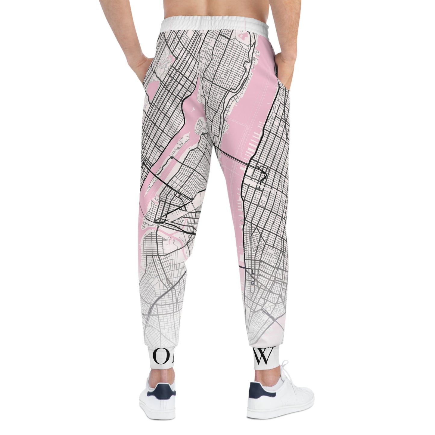Side profile of New York City map print joggers