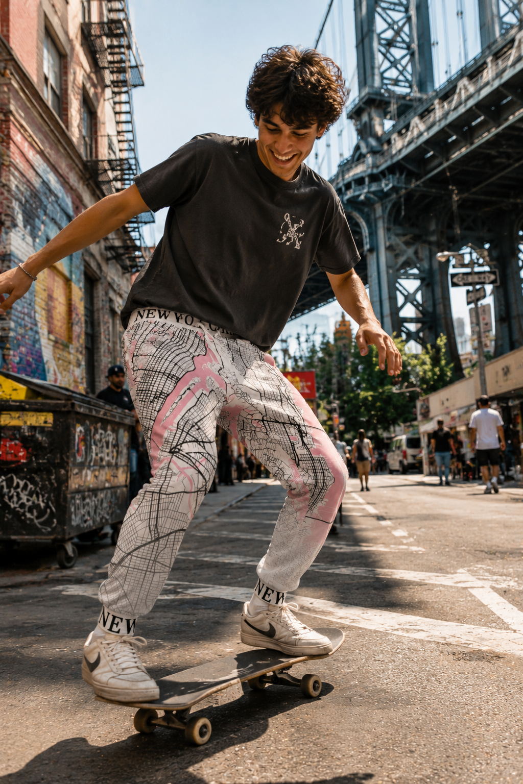 Gen Z skateboarder wearing New York City map joggers in Lower Manhattan