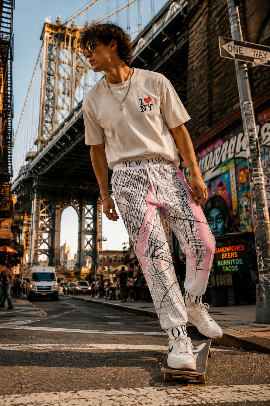 Young skateboarder wearing New York City map joggers under the Manhattan Bridge