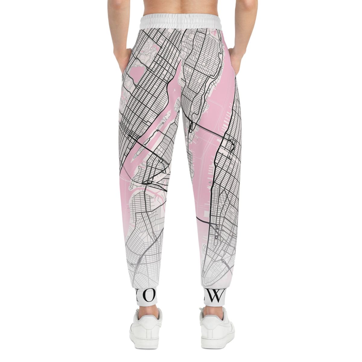 New York City Map Joggers back view worn by female model with all-over New York map print