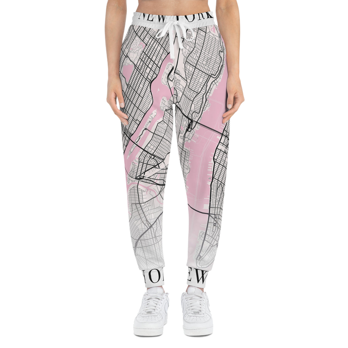 New York City Map Joggers front view worn by female model with pink NYC map design