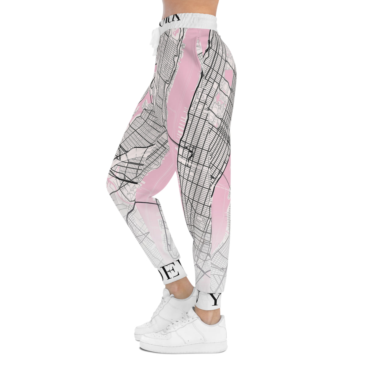 New York City Map Joggers side view worn by female model showing pink map detailing