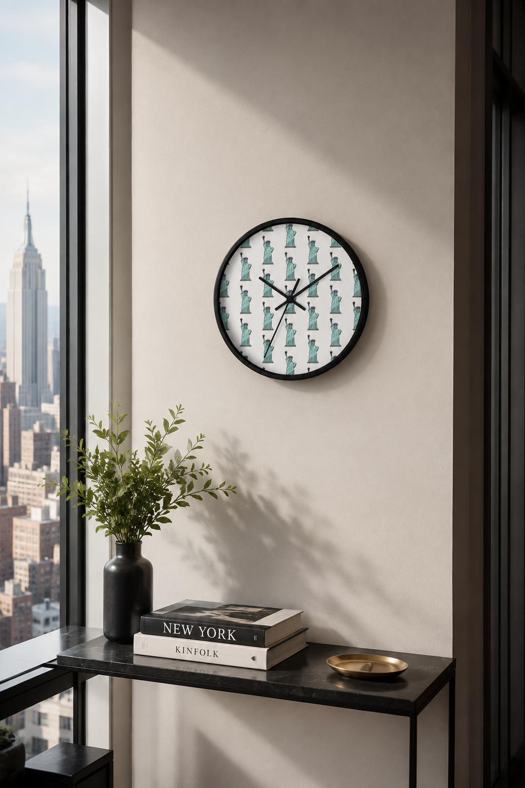 New York City wall clock displayed in a modern apartment with Manhattan skyline view