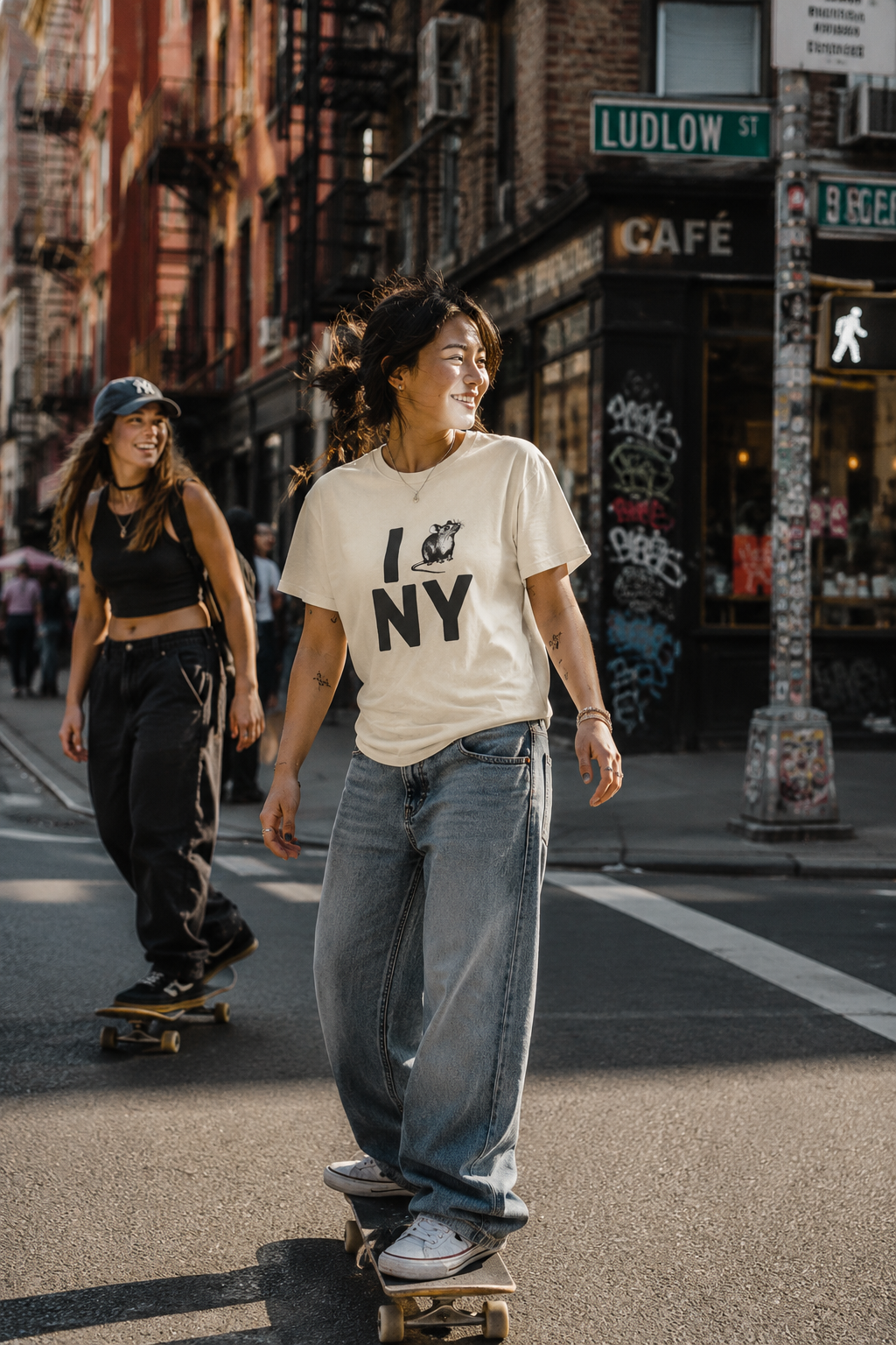 Young person walking in NYC wearing cream rat graphic T-shirt