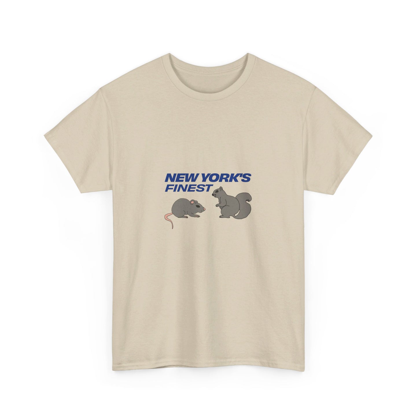 Beige New York’s Finest graphic T-shirt featuring blue typography with rat and squirrel illustration on front.