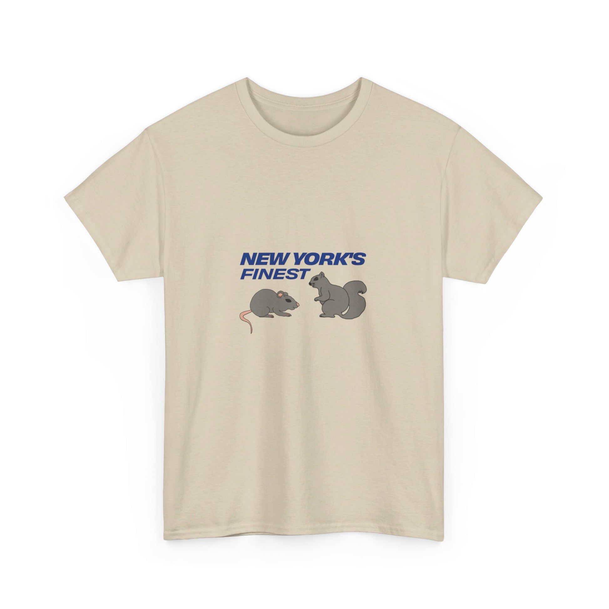 Beige New York’s Finest graphic T-shirt featuring blue typography with rat and squirrel illustration on front.