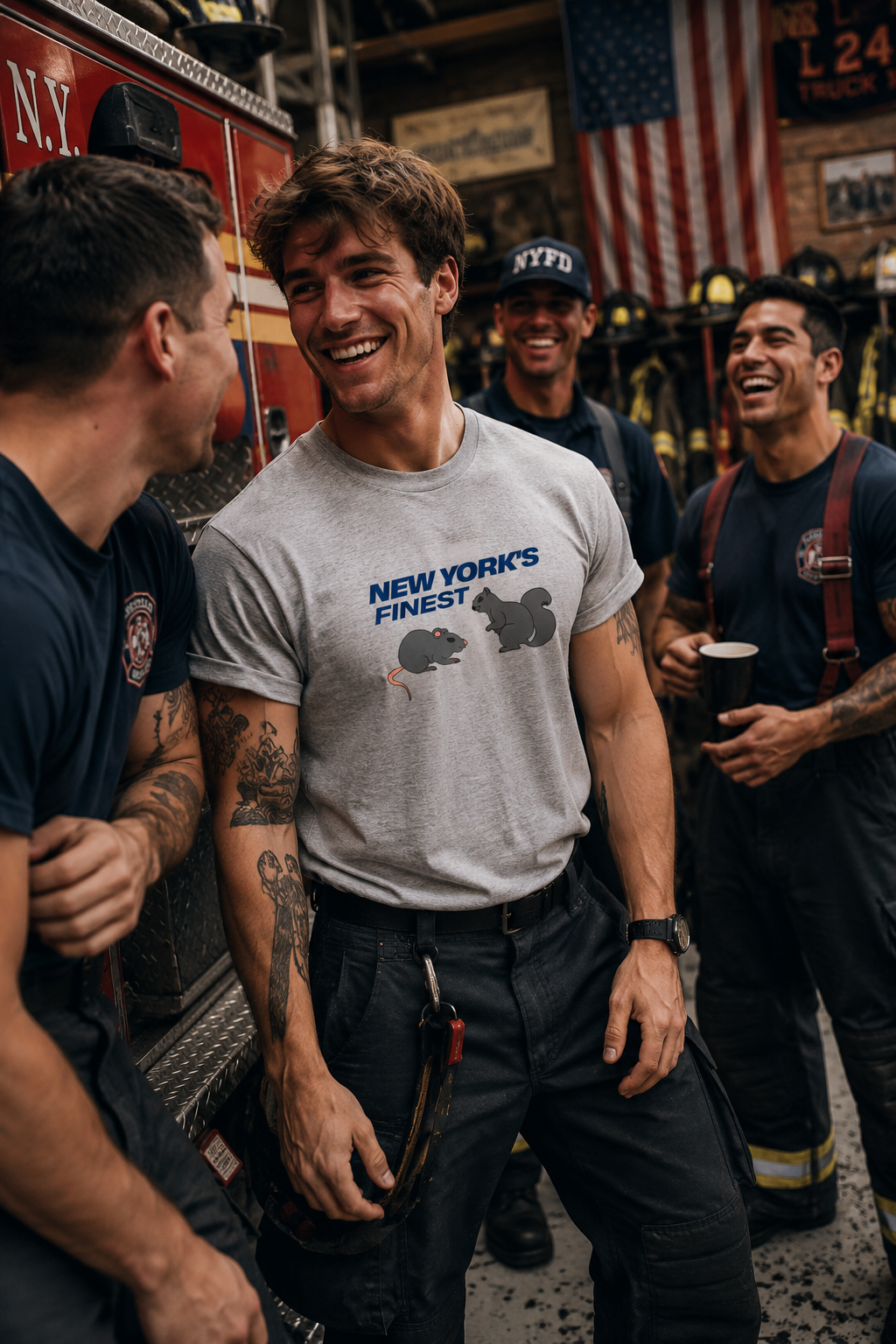 Young firefighter wearing a gray New York’s Finest graphic T-shirt inside a cinematic FDNY-style firehouse with coworkers.