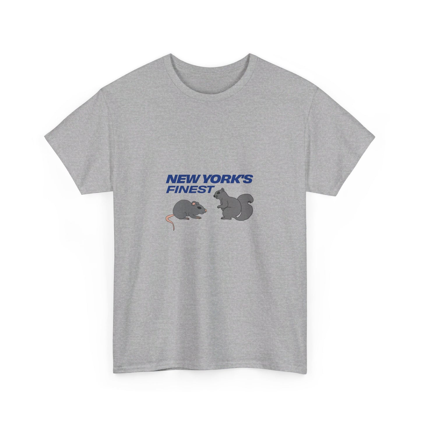 Heather gray New York’s Finest graphic T-shirt with blue NYC typography and rat and squirrel artwork on front.