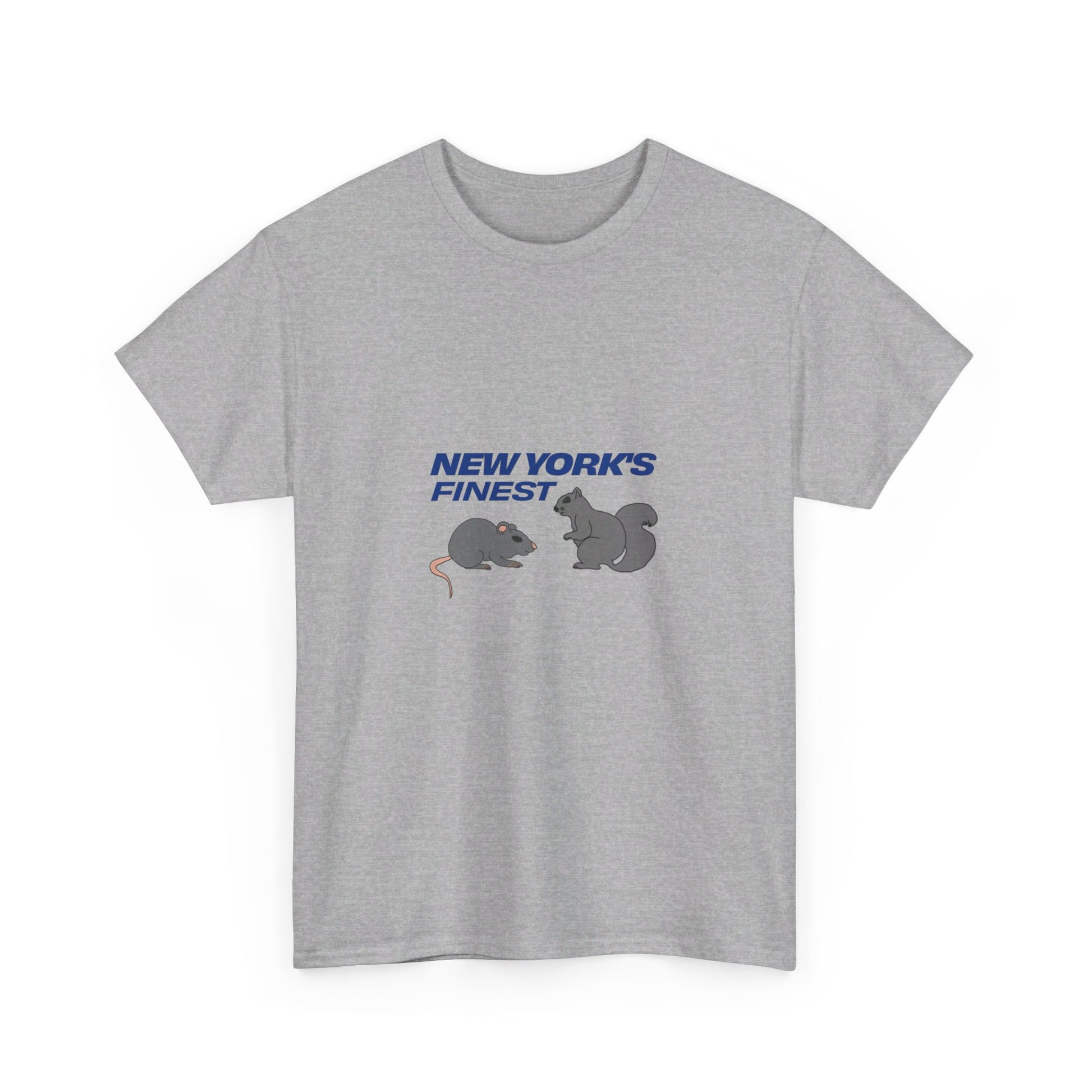 Heather gray New York’s Finest graphic T-shirt with blue NYC typography and rat and squirrel artwork on front.