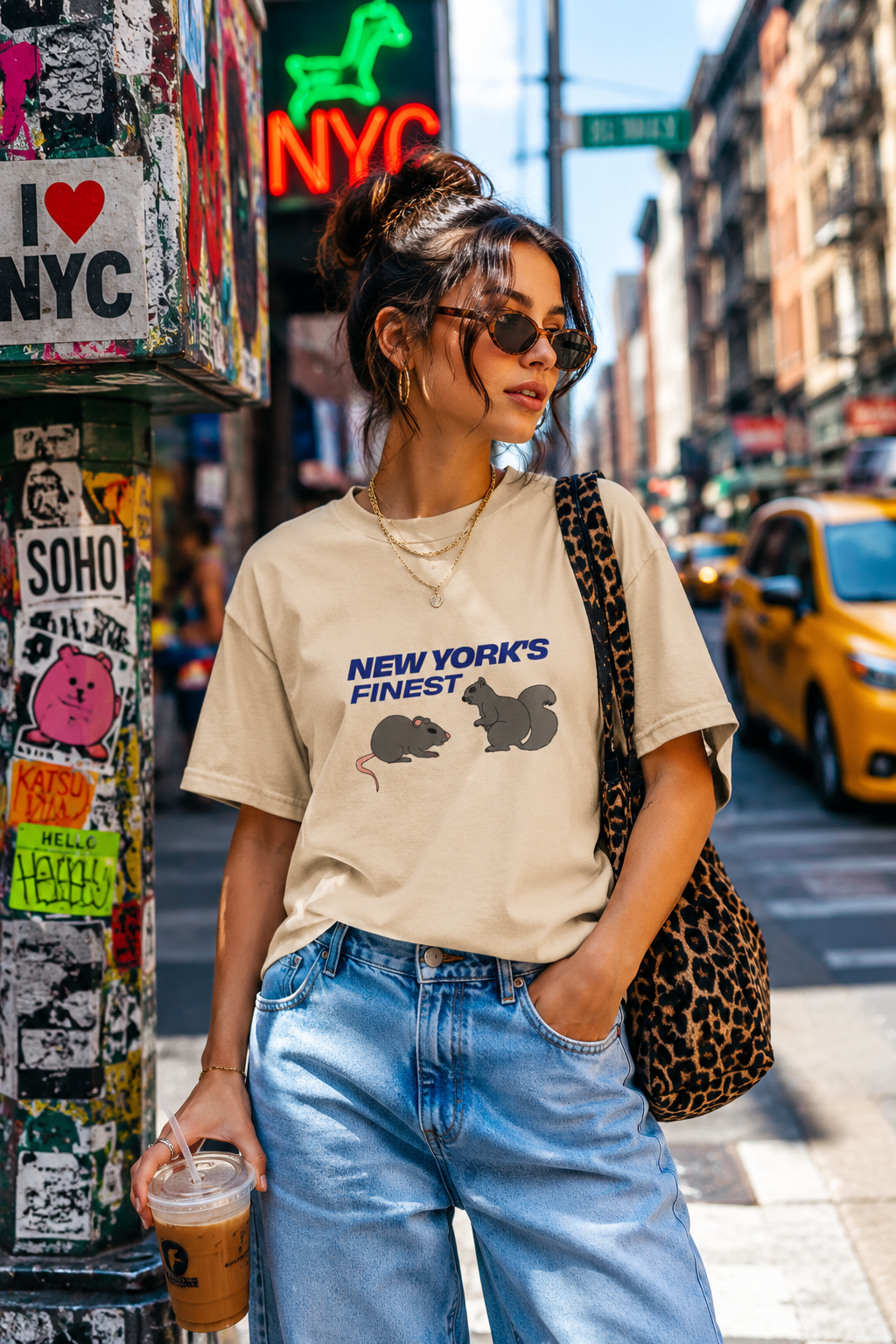 Gen Z woman wearing a beige New York’s Finest graphic T-shirt on a colorful NYC street in cinematic urban lifestyle photography.