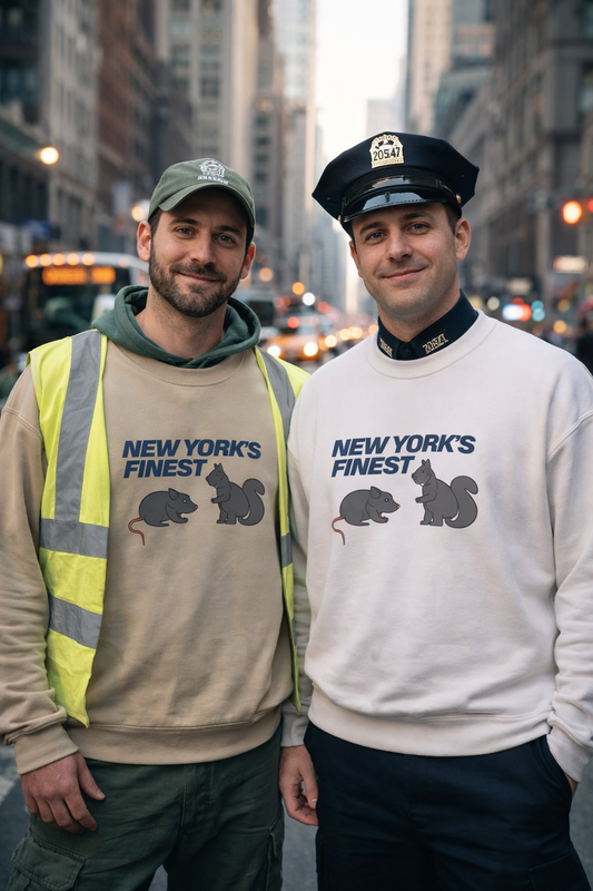 Two men standing on a New York City street wearing “New York’s Finest” graphic sweatshirts with squirrel illustrations, styled in cinematic urban streetwear photography.