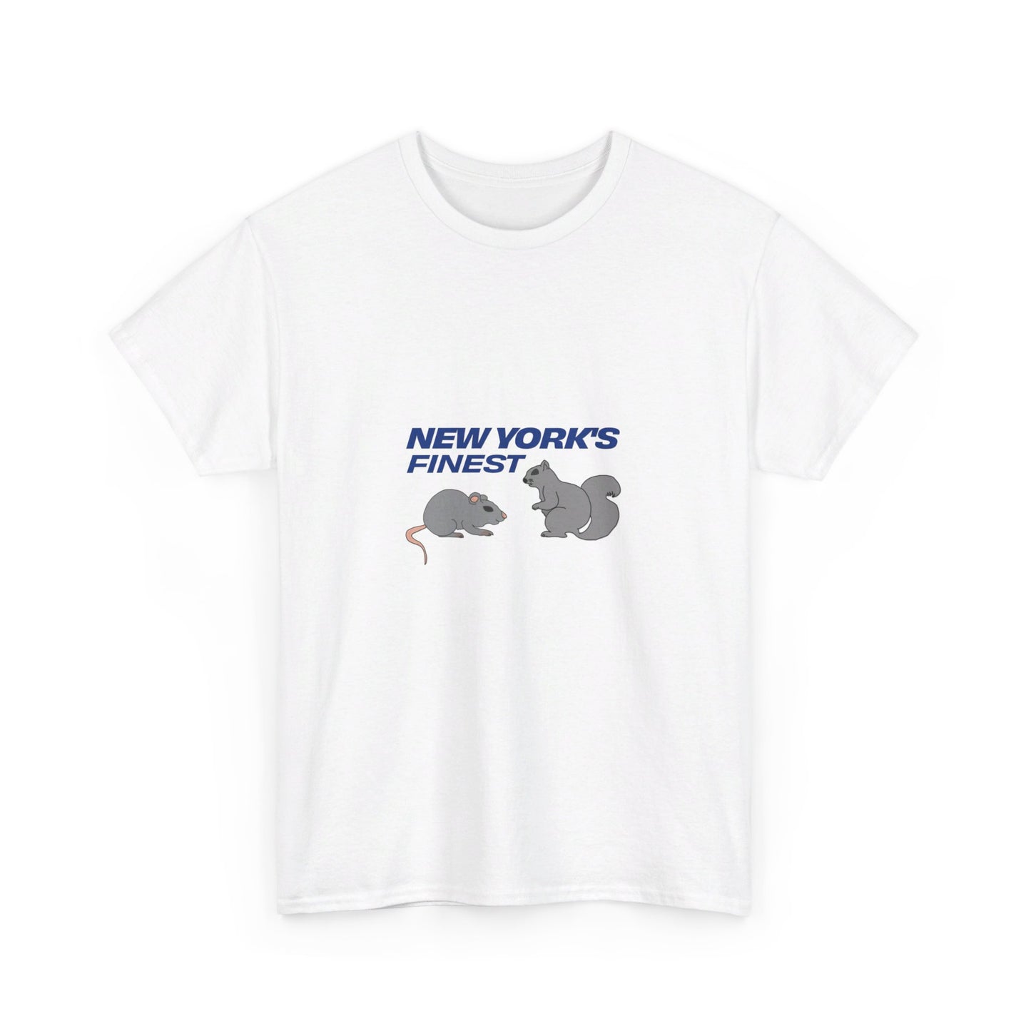 White New York’s Finest graphic T-shirt with blue lettering and rat and squirrel illustration.