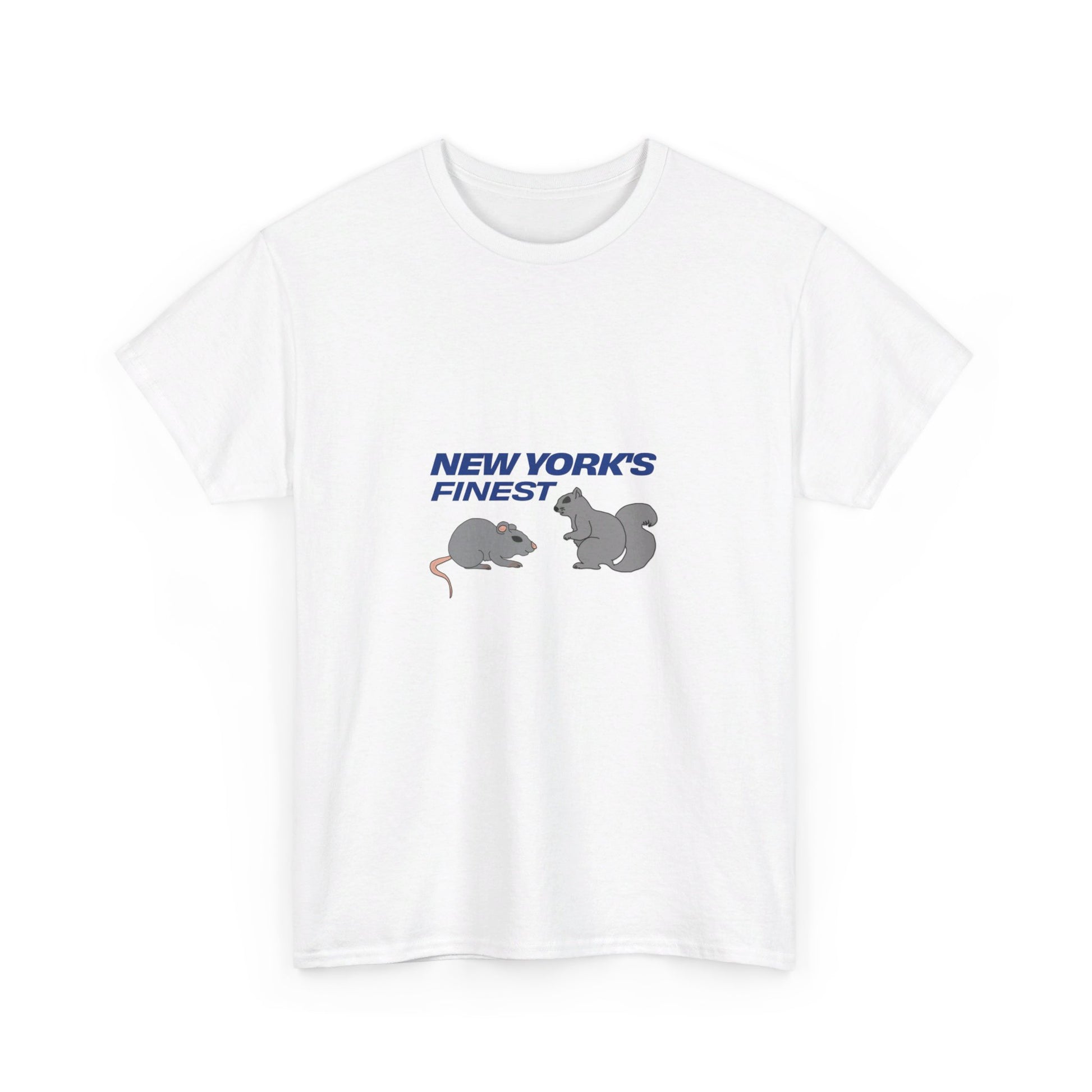 White New York’s Finest graphic T-shirt with blue lettering and rat and squirrel illustration.