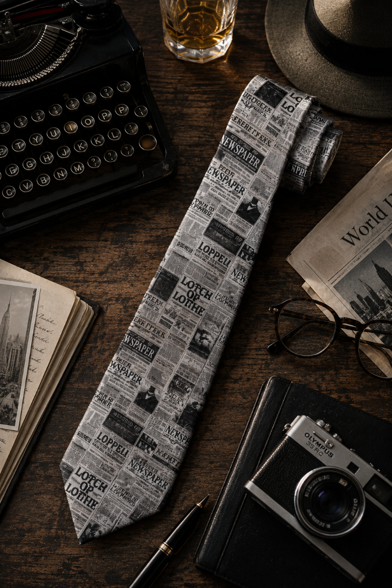 Newspaper print necktie laid on a wooden desk beside a typewriter, camera, glasses, and papers.