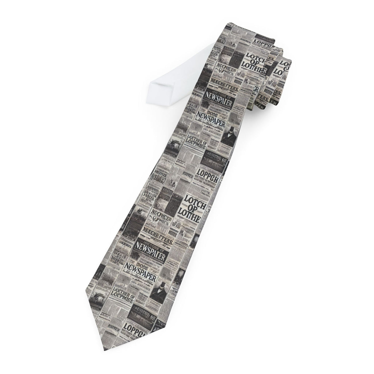 Black and white newspaper print necktie arranged on a white background, showing its headline and column pattern.