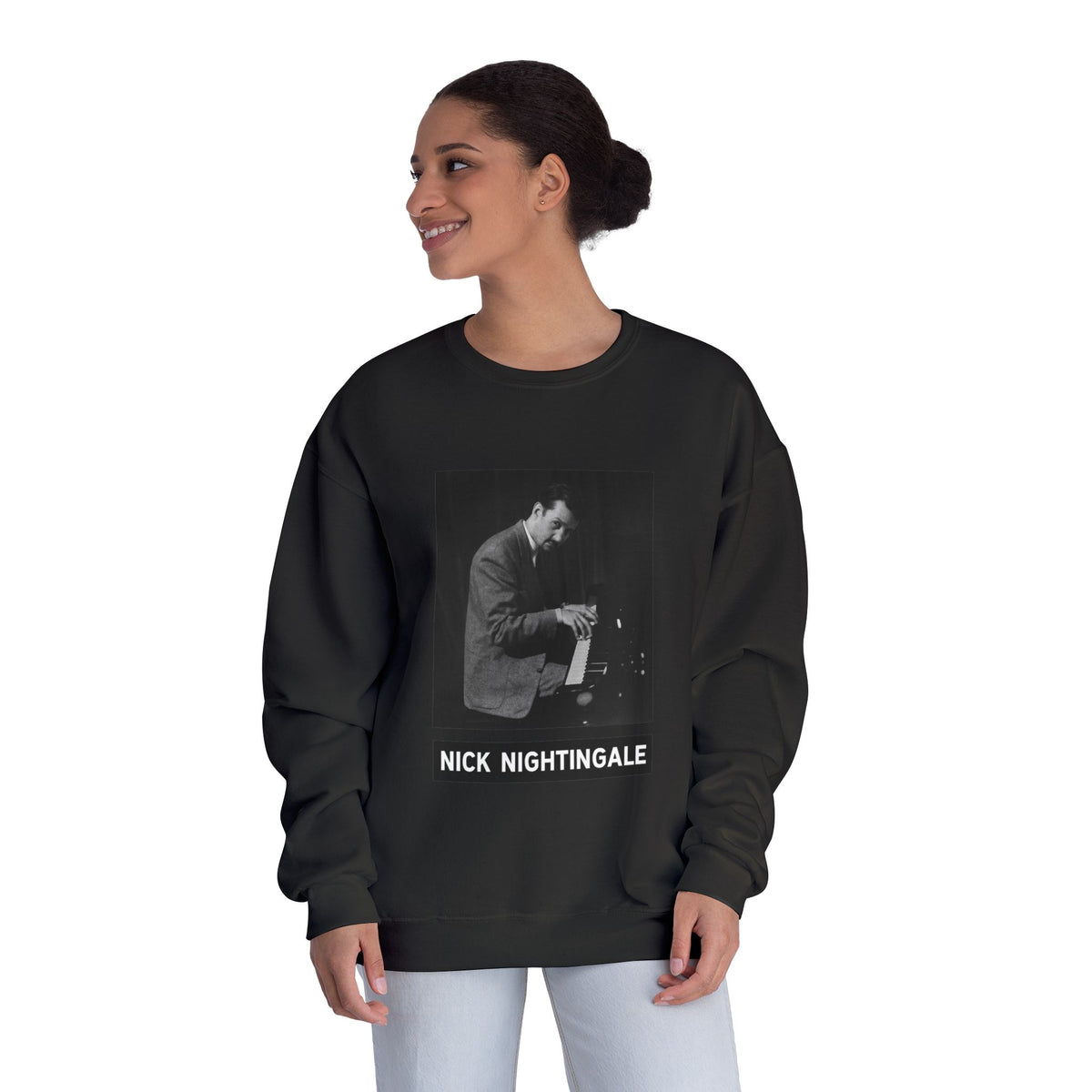 Woman wearing the black Nick Nightingale Eyes Wide Shut inspired unisex graphic sweatshirt