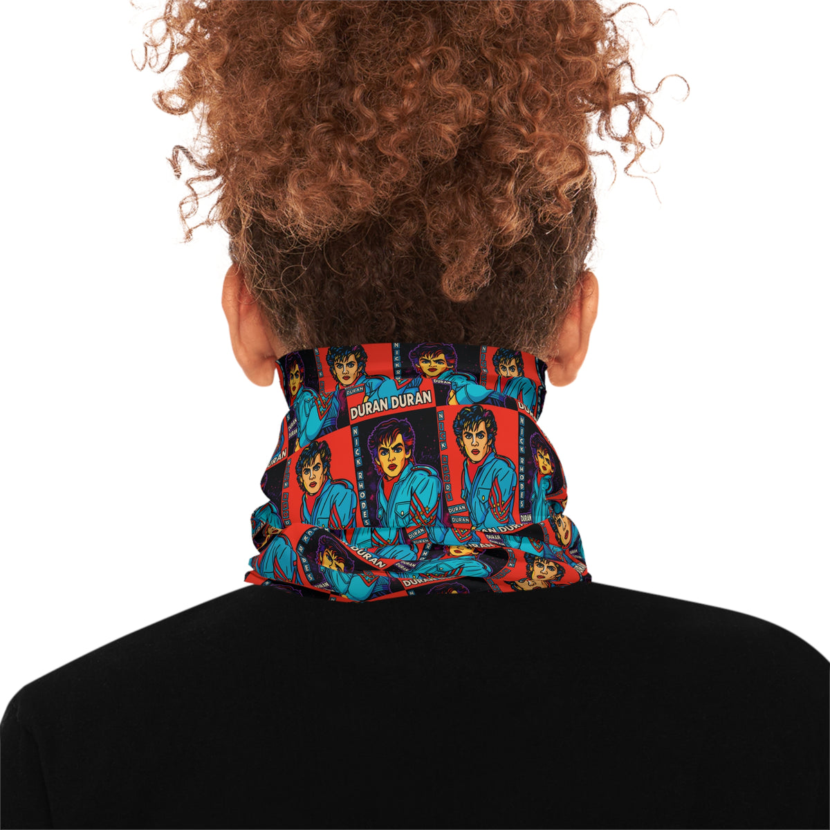 Back view of the Nick Rhodes Unisex Neck Gaiter showing the all-over red, blue, and yellow graphic print.