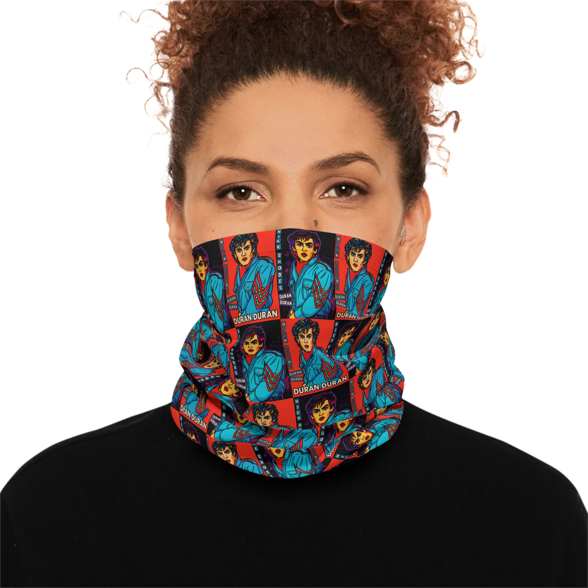 Woman wearing the Nick Rhodes Unisex Neck Gaiter pulled up as a colorful face covering.