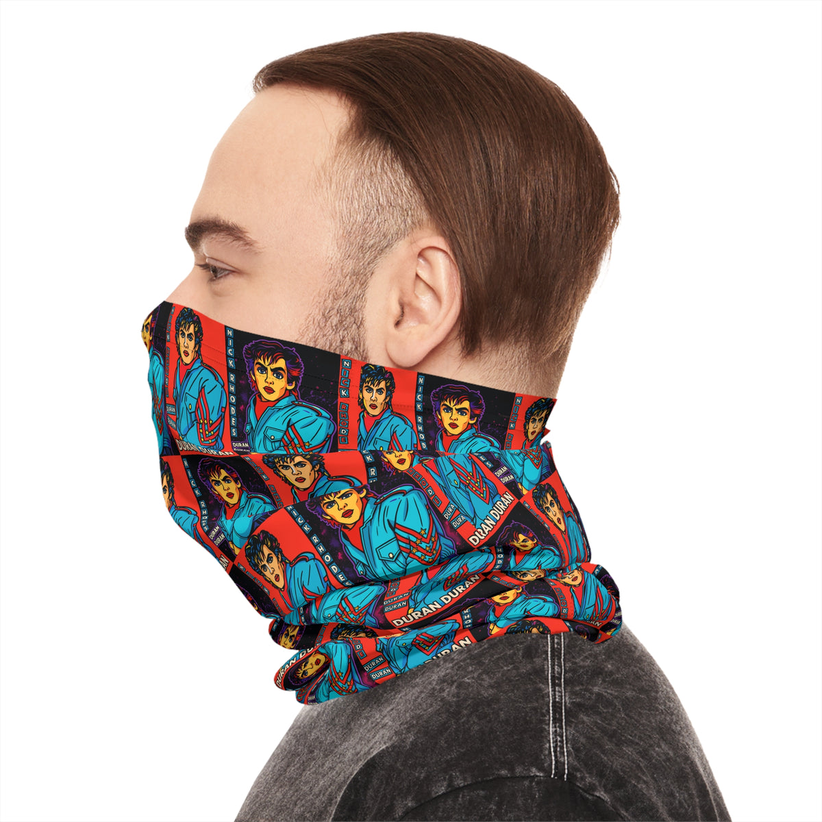 Side view of a man wearing the Nick Rhodes Unisex Neck Gaiter with the repeating pop-art design visible.