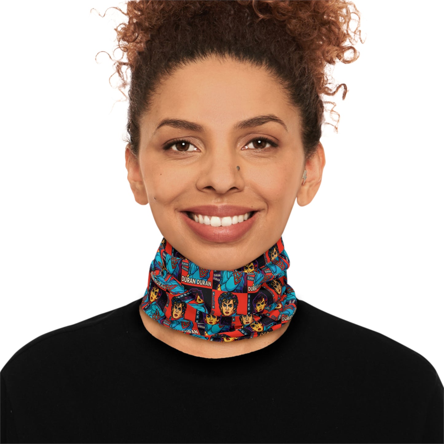 Woman wearing the Nick Rhodes Unisex Neck Gaiter around her neck, showing the colorful new wave-inspired print.