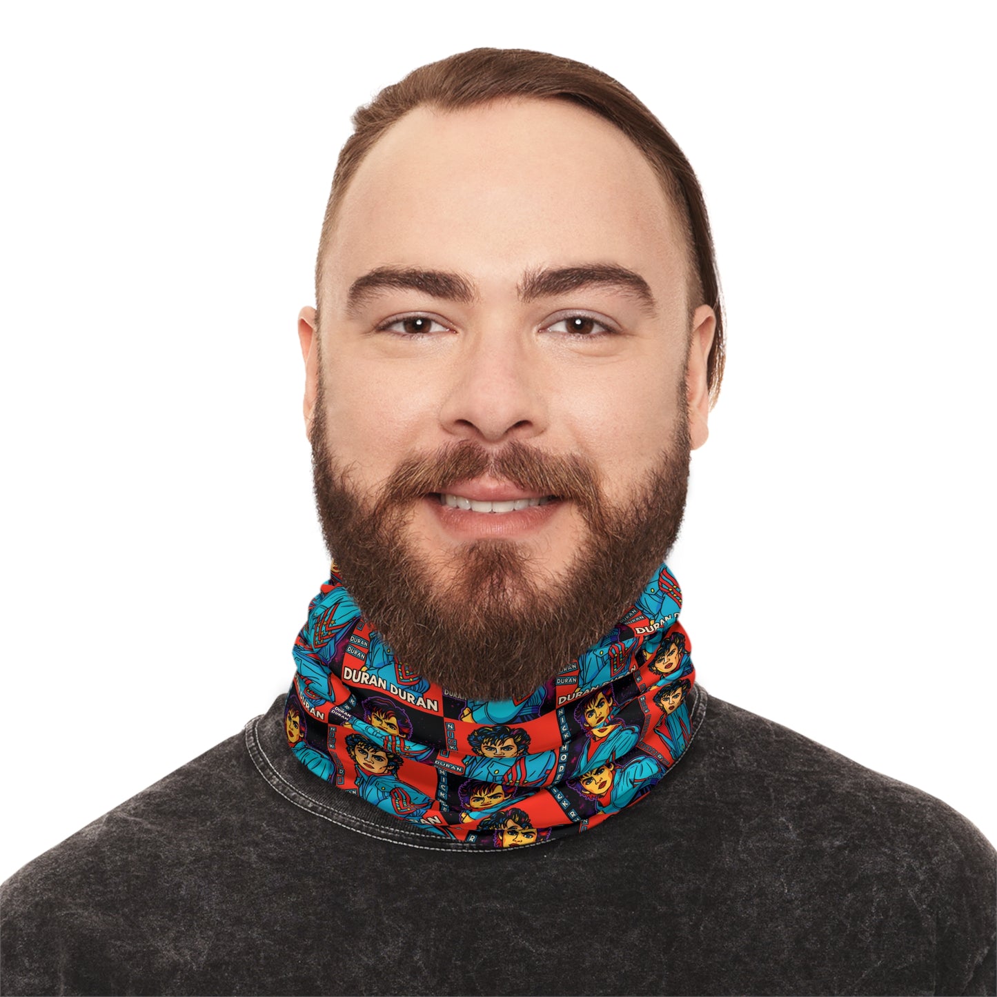 Bearded man wearing the Nick Rhodes Unisex Neck Gaiter around his neck in a casual everyday look.