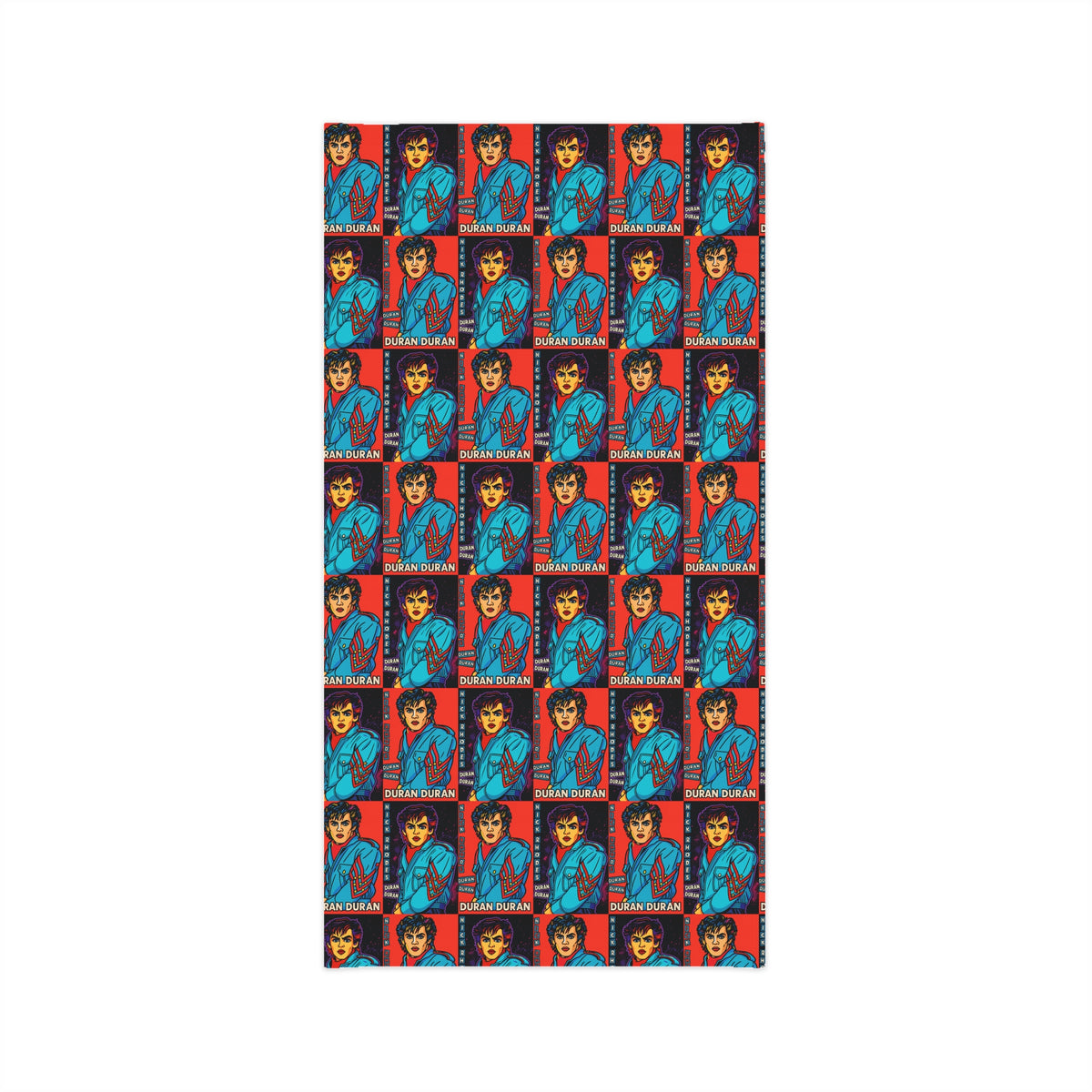 Nick Rhodes Unisex Neck Gaiter featuring a repeating red and blue pop-art portrait pattern.