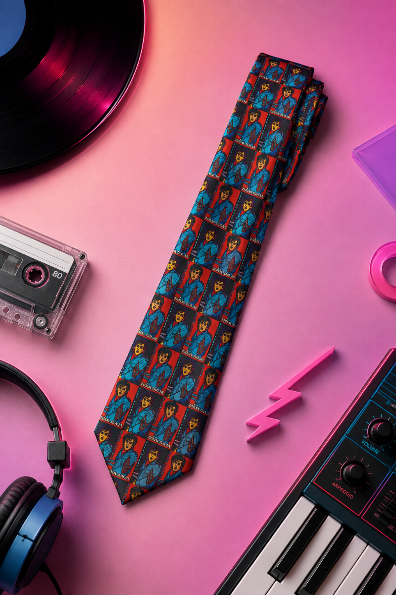 Nick Rhodes Unisex Necktie displayed in a cinematic synthwave flat lay with vinyl record, cassette tape, headphones, keyboard, and retro pink lighting.