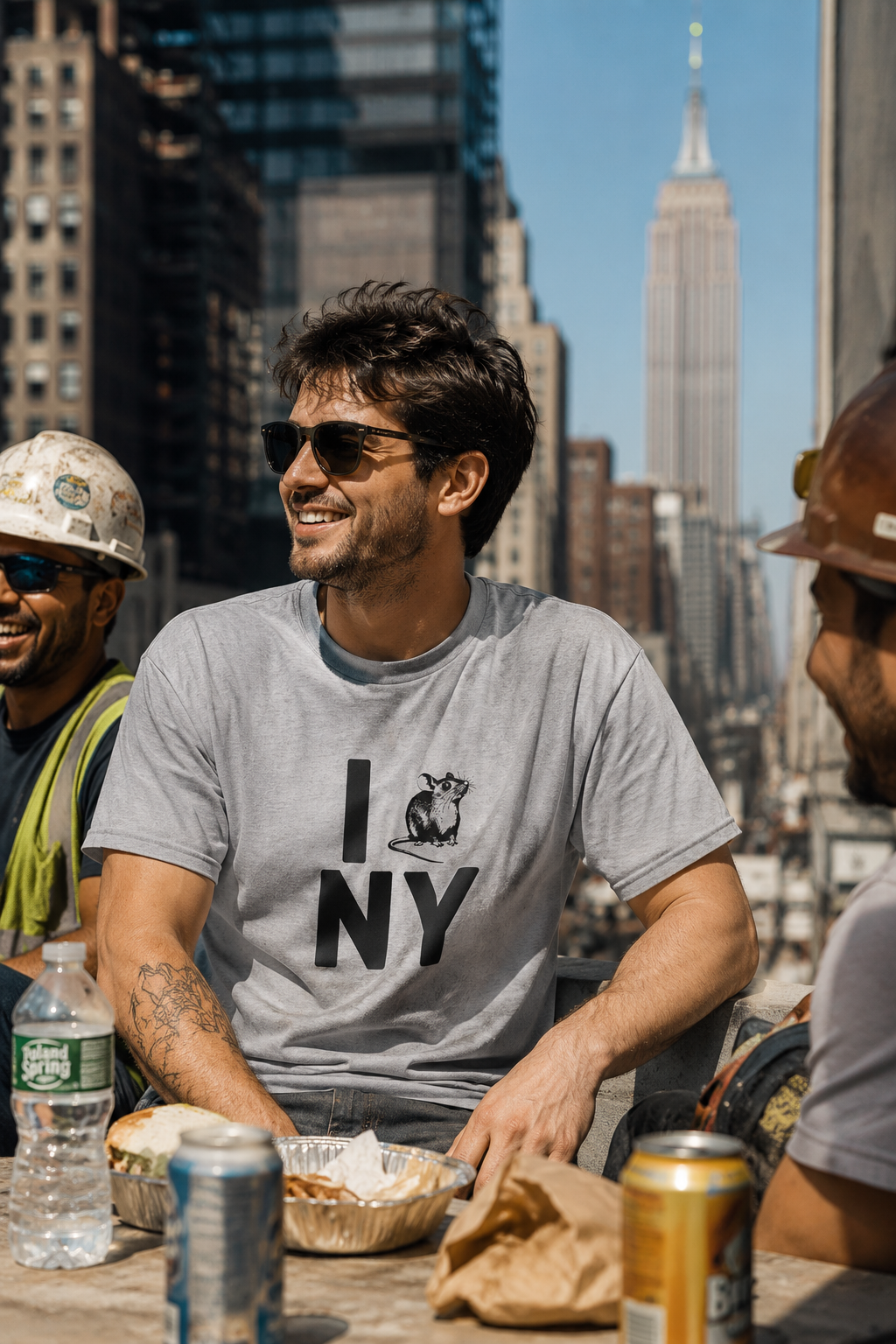 Man sitting outdoors in NYC wearing gray rat graphic T-shirt streetwear look