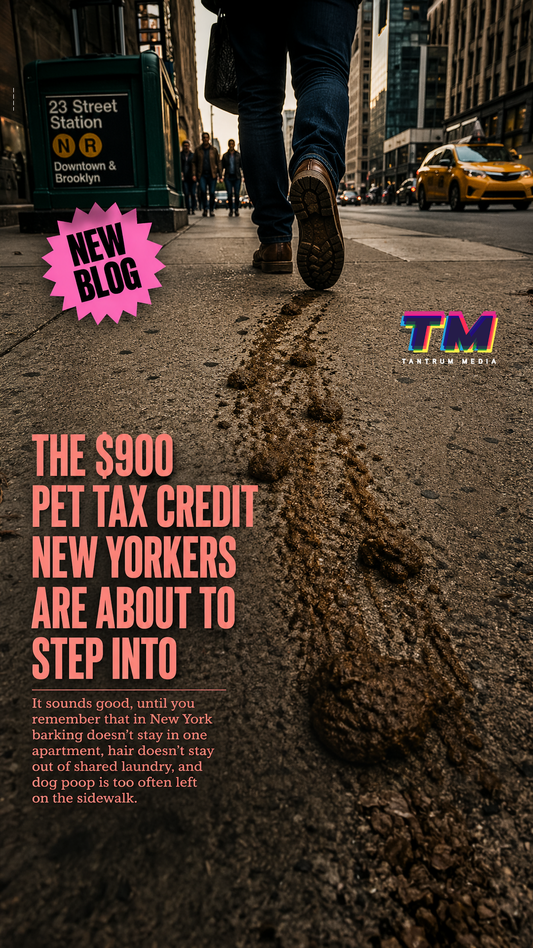 NYC sidewalk dog poop trail behind pedestrian representing urban pet ownership impact.