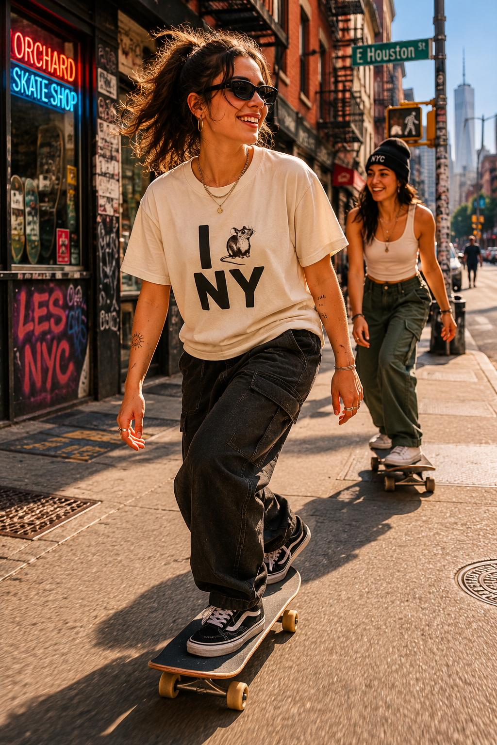 Young woman skateboarding in NYC wearing rat graphic T-shirt streetwear outfit